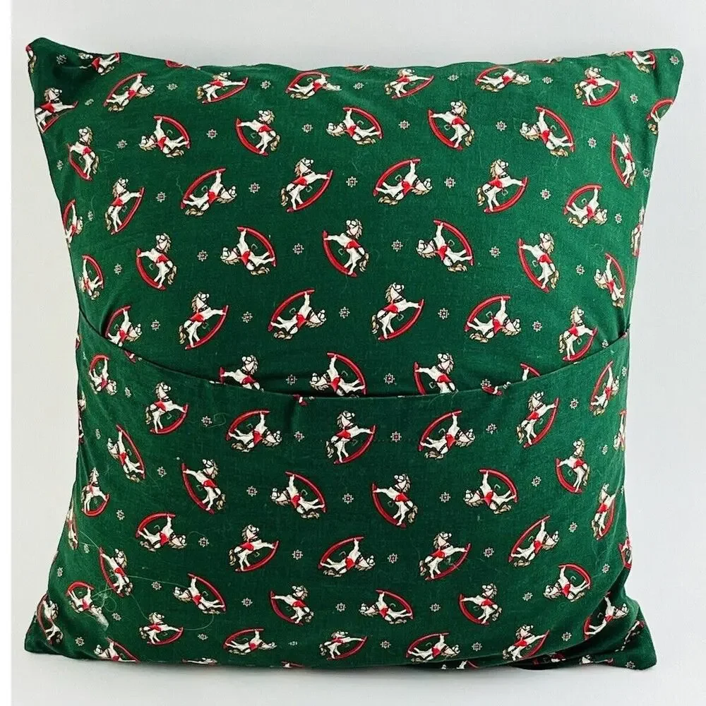 Vintge Christmas Quilted Decor Pillow Red Green Yellow 14x14 Rocking Horse Star